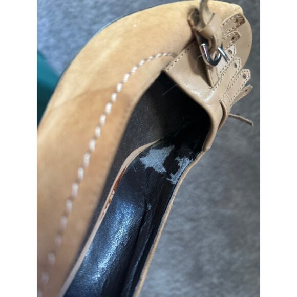 Aeropostale Tan Suede Heels Peep Toe Kitten Heel Fringe Buckle Accent Shoes 6 - Picture 7 of 7